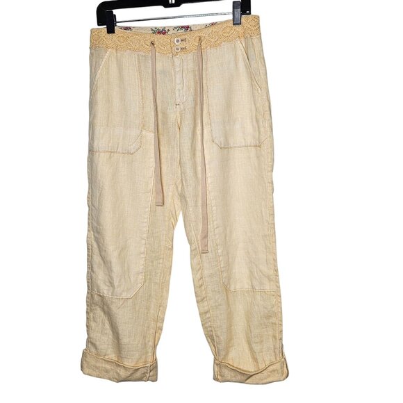 Anthropologie Hei Hei Linen-Blend Wide-Leg Pants Yellow Floral Accents 27 Lace - Picture 1 of 10